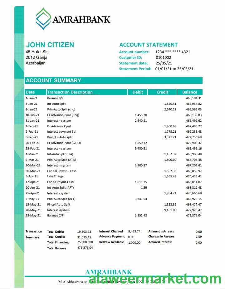 Azerbaijan Amrahbank bank statement easy to fill template in Excel and PDF format